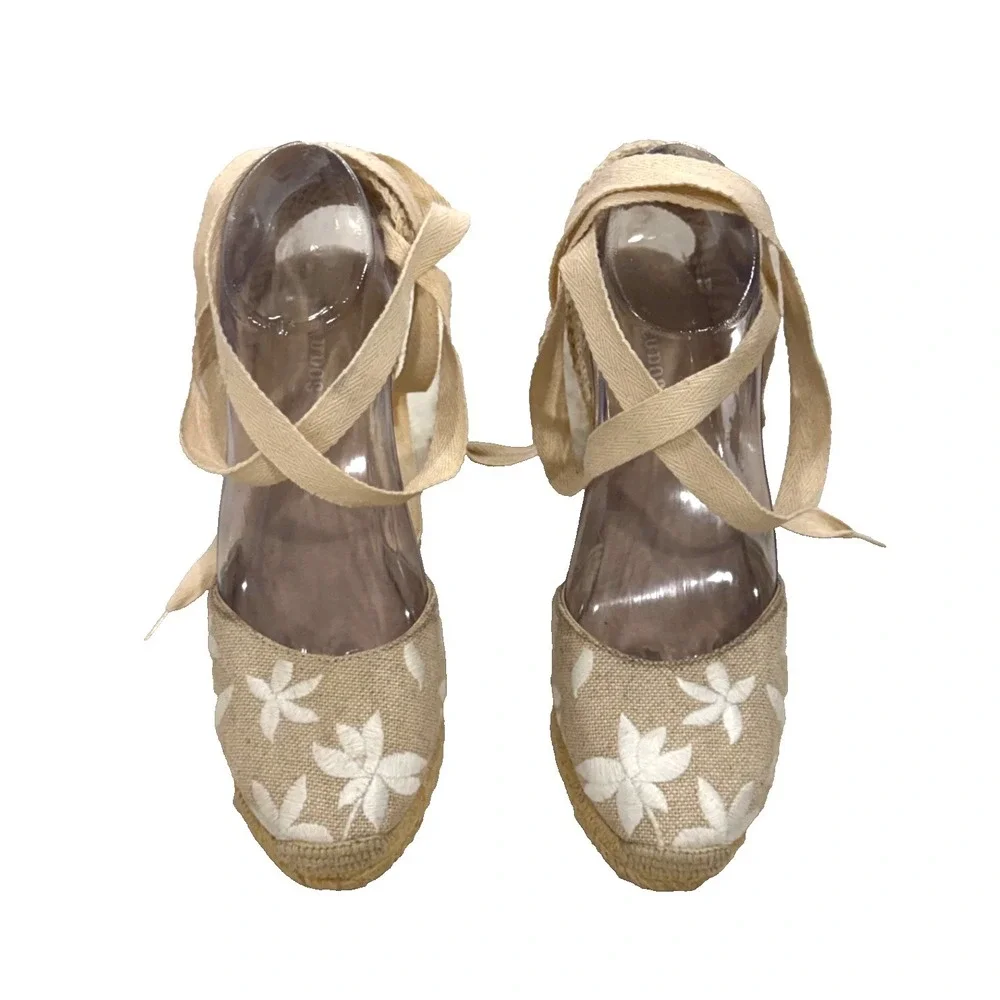 Soludos Floral Embroidered Espadrille Wedge Shoes Lace Up Ankle Tie Beige Size 7